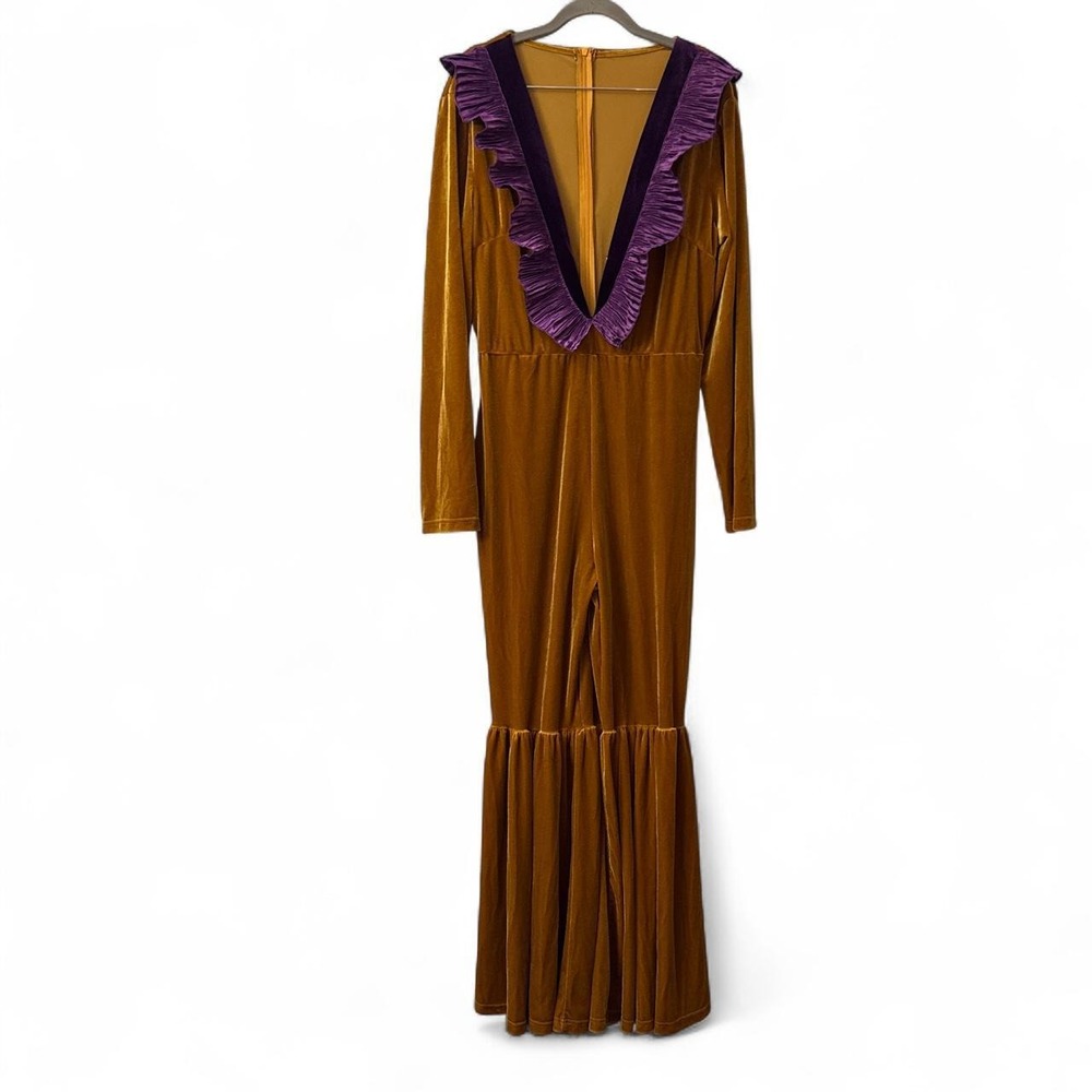 Women's Fashion Party Purple Ruffle Long Sleeve Flared Leg Gold Velvet Jumpsuit